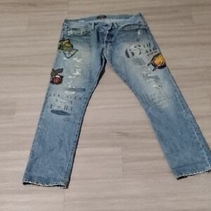 Men's Blue Jeans with Patchwork
